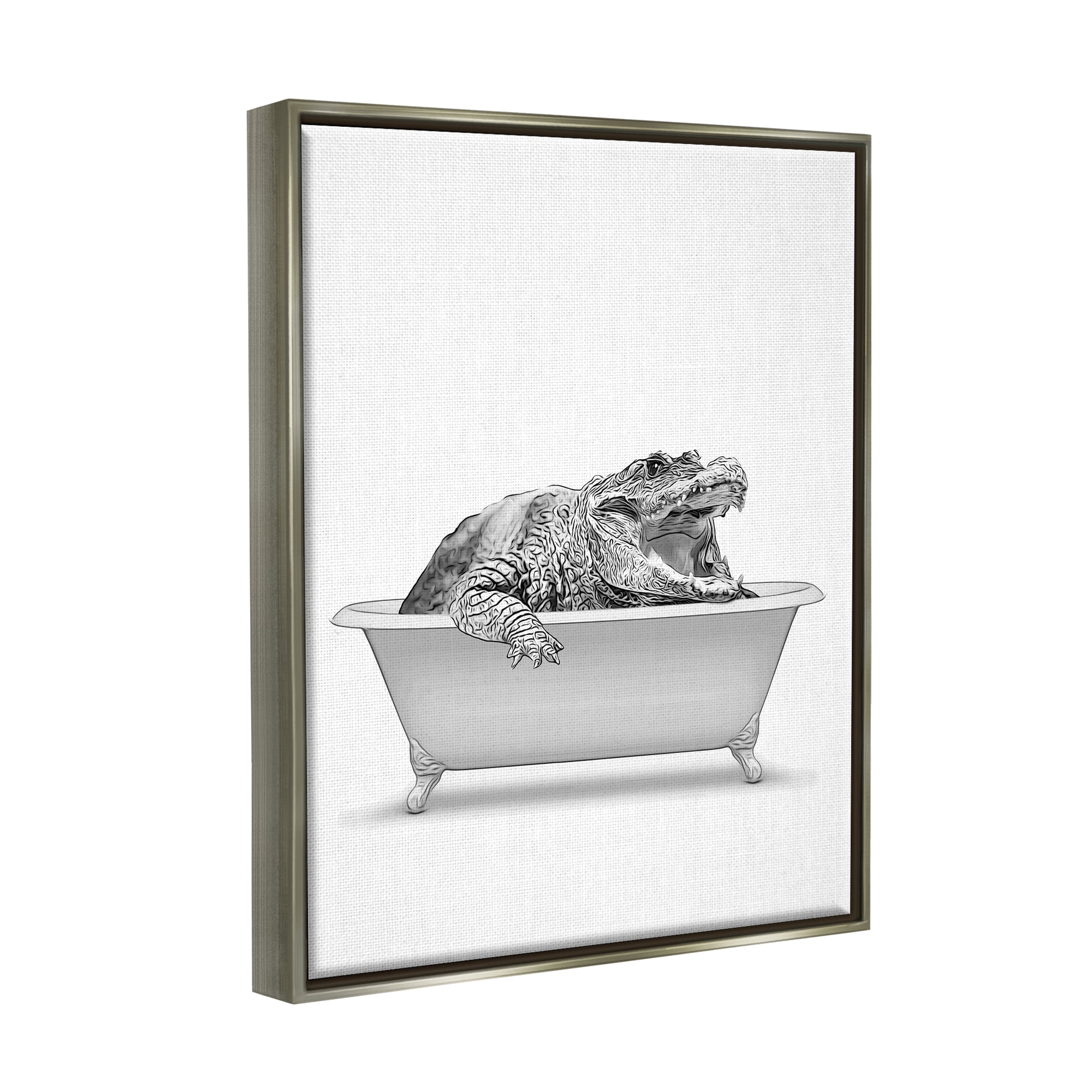 Stupell Industries Crocodile Bathroom Wildlife Tub Animals & Insects Painting Gray Floater Framed Art Print Wall Art