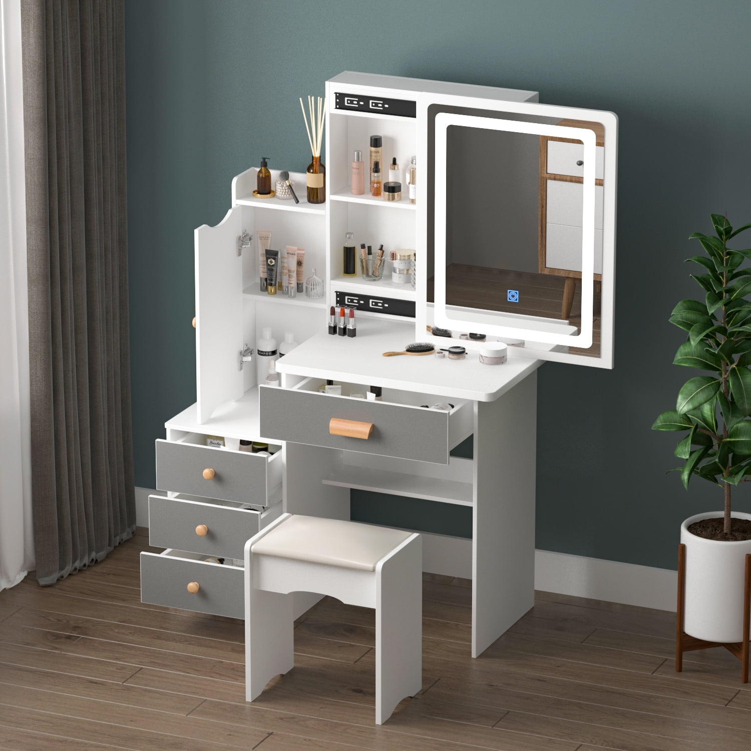 Vanity Set w/ Jewelry Mirror Cabinet Makeup Up Dressing Table Desk 4 Drawers 