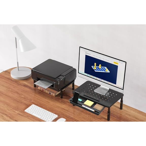 EISRUNGF- 2 Pack Monitor Stand Riser with Drawer - 3 Height Adjustable Metal Monitor Stand with Unique Star Mesh for Computer Laptop Notebook Printer
