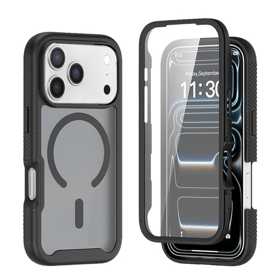 For iPhone 17 Pro Case, 360° Rugged Protective Shell with Screen Protector, Heavy Duty Shockproof Case Matte Translucent Compatible with Magsafe, Black