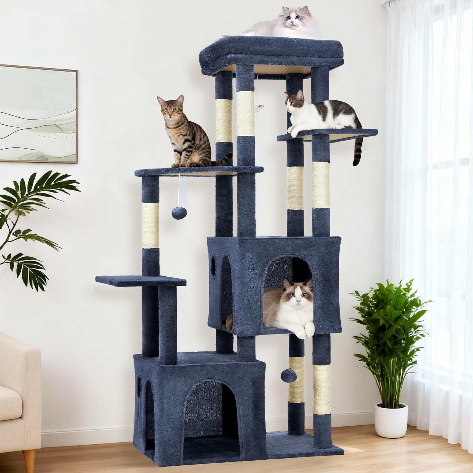 Heavy Duty Cat Tree, 61" Sturdy Cat Tree for Indoor Cats Extra Large Cat Tower with Scratching Post, Hammock, Cat Condo for Adult Cats Kittens, F72 Pro