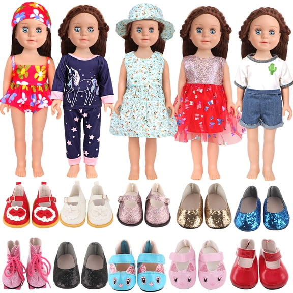 14 Pcs 18 Inch Doll Accessories,5 Sets of Doll Clothes and 2 Pairs of Doll Shoes (Send by Random) for 18 Inch American Doll, Best Birthday Festivals for Kid