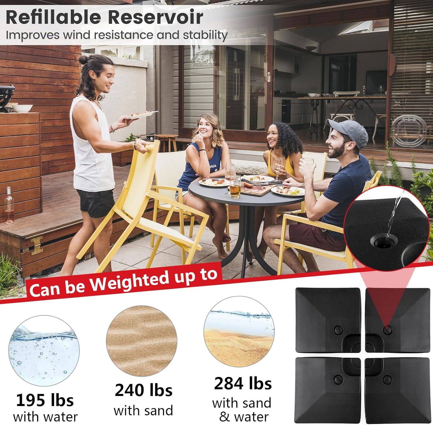 GetRich 284 lbs Fillable Offset Patio Umbrella Base, 4PCS Umbrella Stand Water Sand Weight for Cantilever Umbrella, 4 Connecting Pins, Easy-Filling Spouts, Outdoor Market Umbrella Holder for Garden