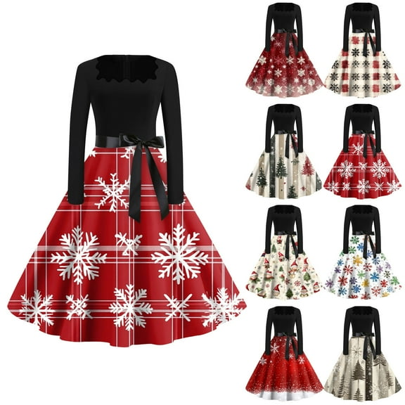 Christmas Dresses for Women Women's Fashion Round Neck Casual Slim Christmas Printed Long Sleeve Dresses with Square Collar for Christmas Party,Beige,L