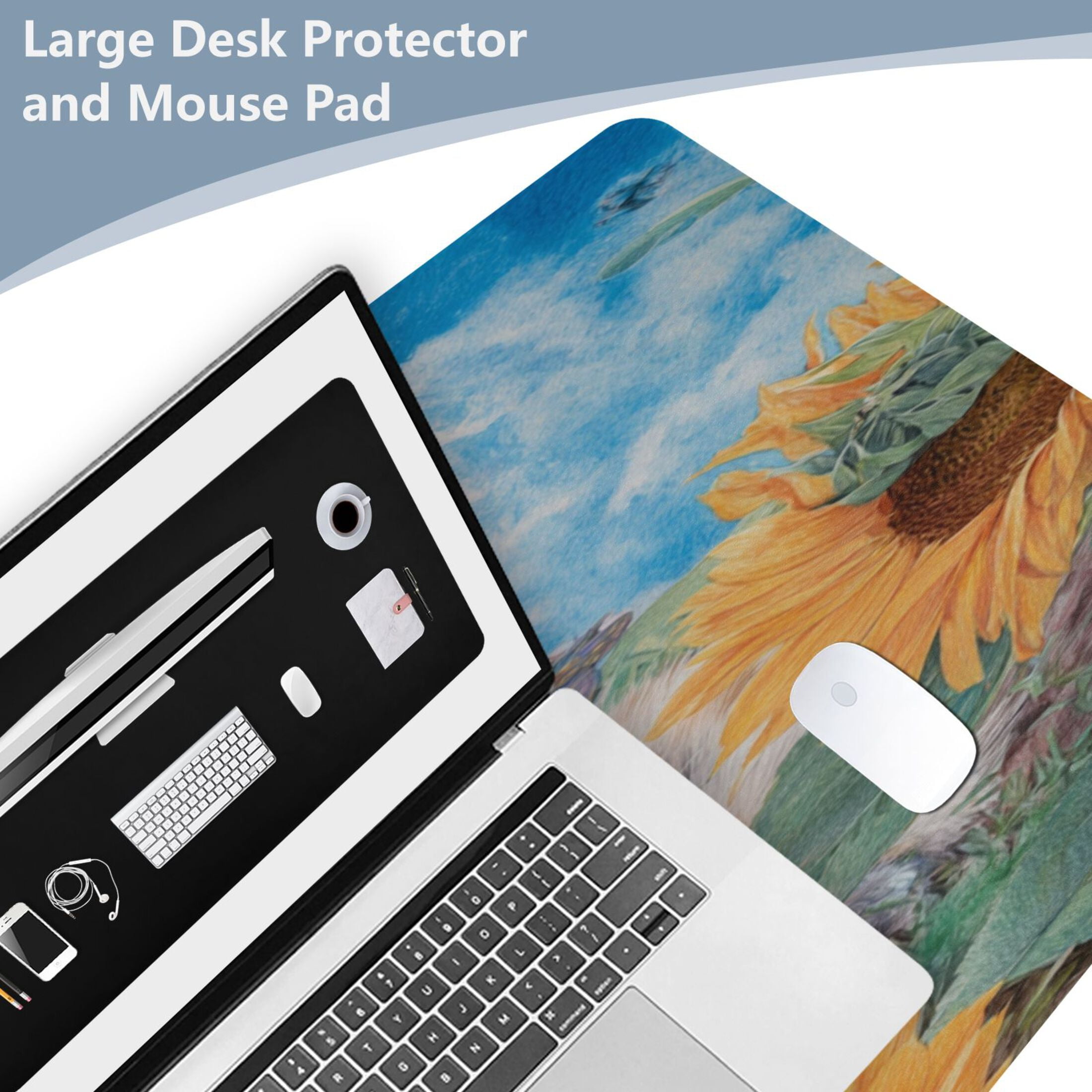 Leather Keyboard and Mouse Desk Mat Office Desk Accessories Protective Office Desk Decor Desk Pad Mat for Gaming, Work from Home, Office Playful Cat Lying Sunflowers 23.6" x 47.2"