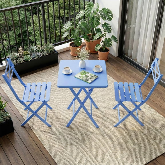 Memoryfield Patio 3-Piece Metal Folding Bistro Table and Chairs Set, Outdoor Dining Furniture for Small Spaces, Balcony, Blue