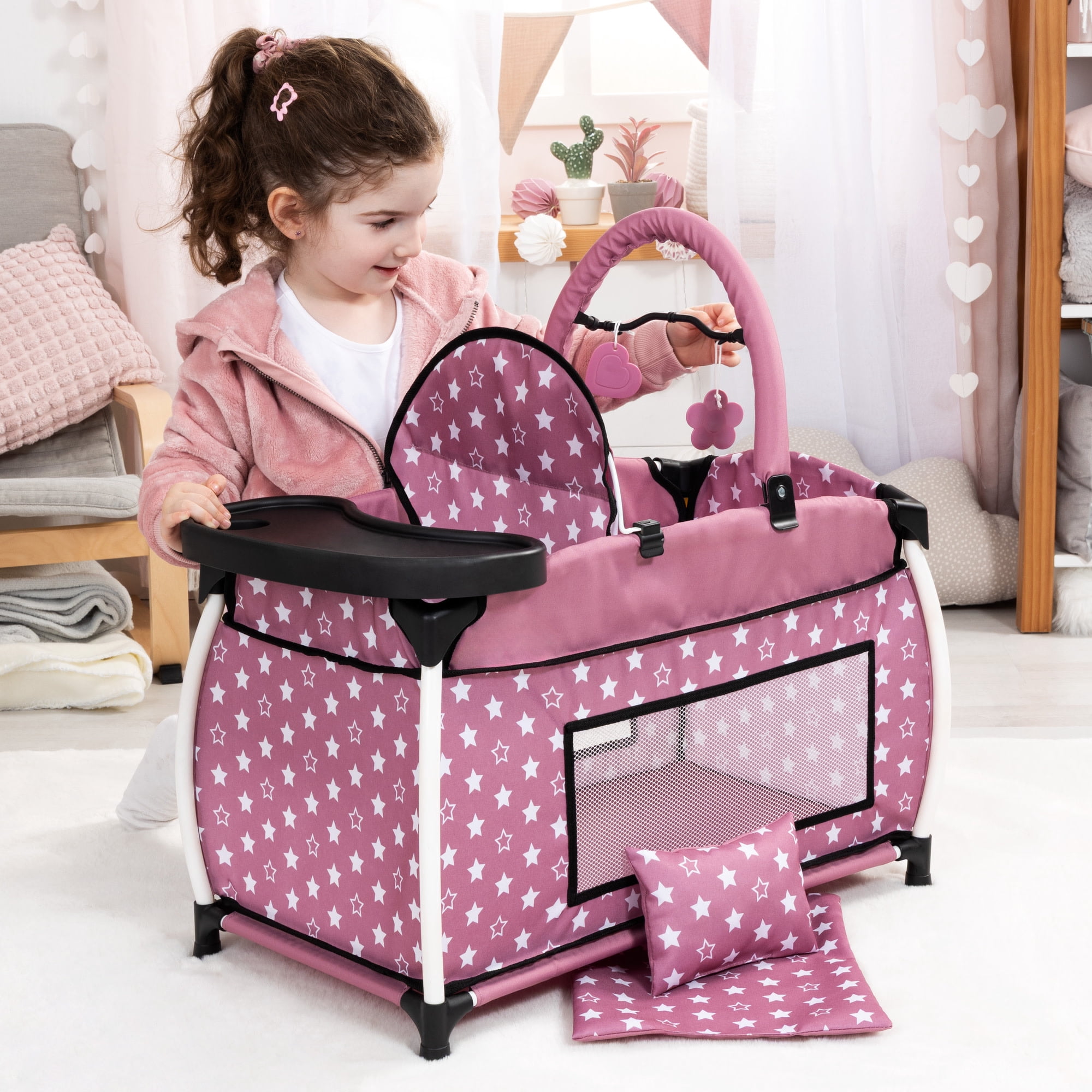 Bayer Design: Doll Multi-Bed - Pink & White Stars - Sleep Playpen, Built-In Feeding Highchair, Pillow-Blanket, Toy Care Center Fits 18" Dolls, Kids 3+