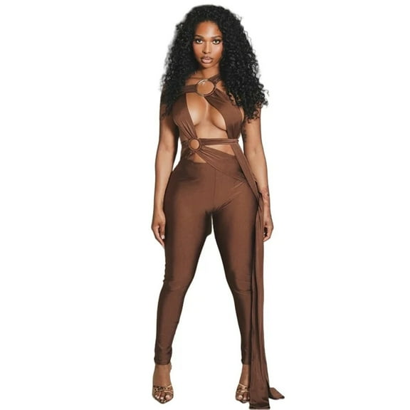 Women’s Halter Sleeveless Hollow-out Metal Ring Bandage Backless Asymmetrical Jumpsuits, Low-Waist, Solid Color, Sexy