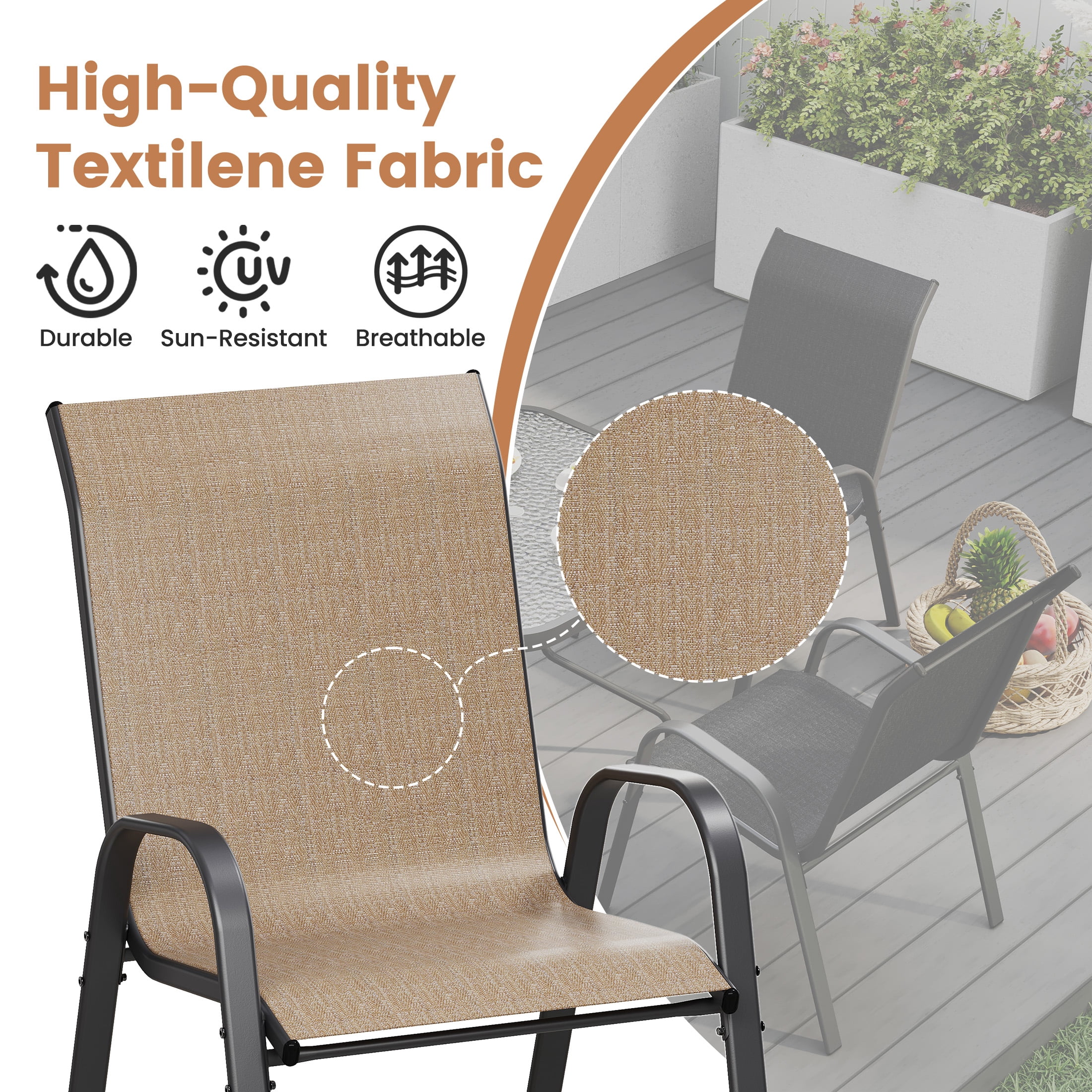 ELPOSUN Outdoor Dining Set of 5, Patio Table and Chairs Set, Textured Glass Tabletop, 4 Stackable Patio Chairs, Patio Furniture, Balcony, Porch, Lawn- Brown