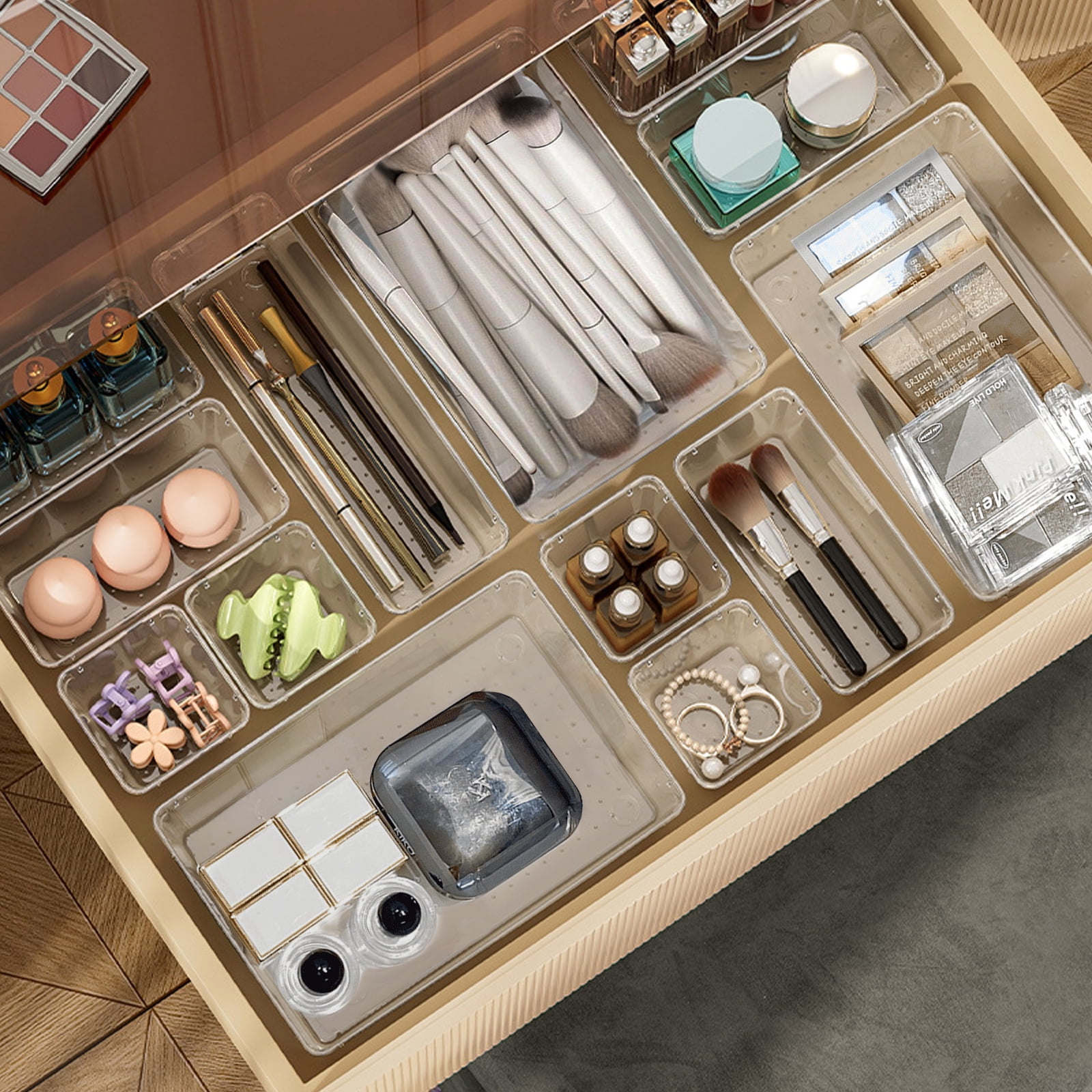 Lockways Drawer Organizer, 28Pcs Clear Plastic Makeup Drawer, 4 Sizes Vanity Organizer and Storage Bins for Makeup, Jewelry, Gadgets for Bathroom, Bedroom, Office