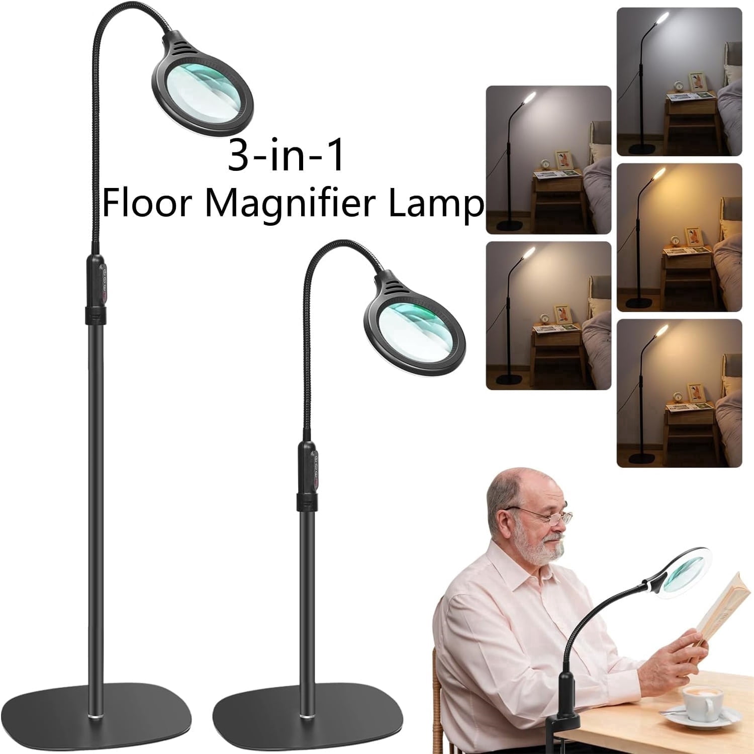 3-in-1 Magnifying Lamp with Light & Floor Stand - Real Glass Lens ,24" Flexible Gooseneck, 5-Color Stepless Dimmable LED Desk Lamp-floor/ Clamp Design, Hands-Free Magnifier for Craft & reading