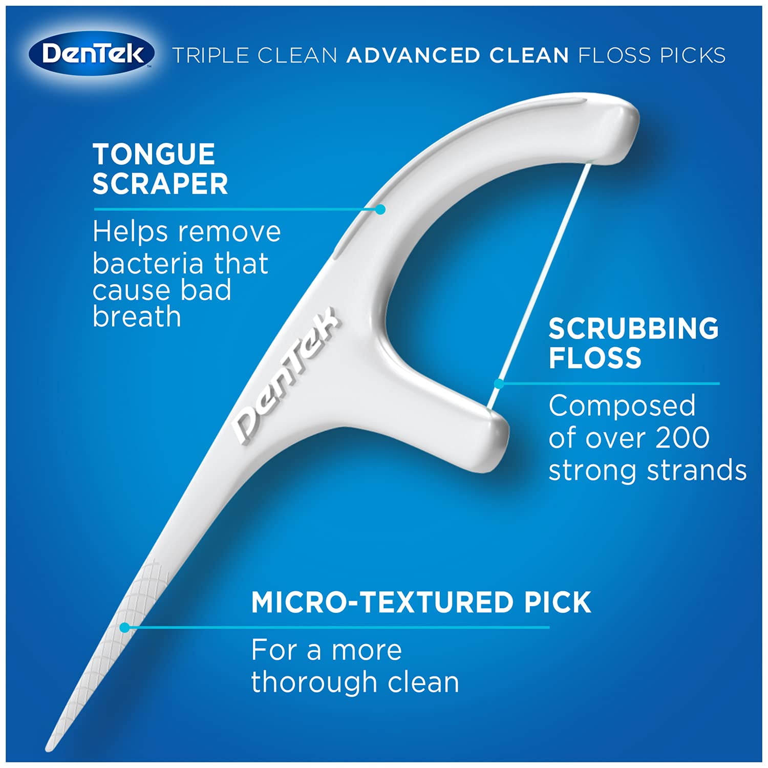 DenTek Advanced Clean Triple Clean Floss Picks, Removes Plaque and Bacteria, Micro-Textured Pick, 90 Count (Pack of 6)