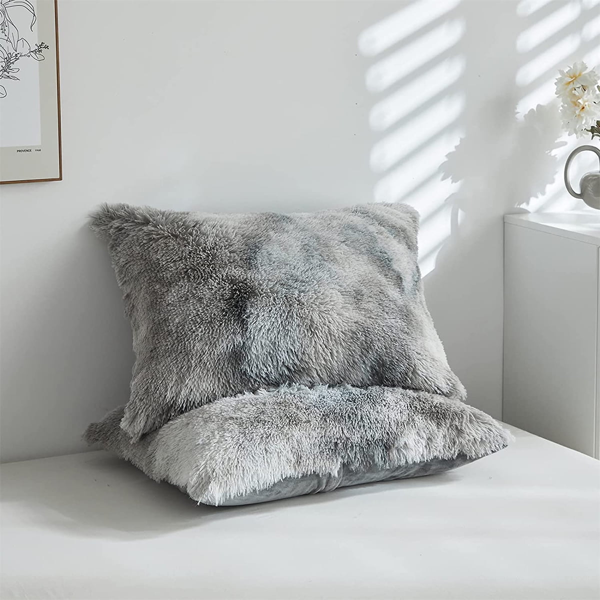 Wajade Plush Shaggy Comforter Set Fluffy Fuzzy Faux Fur Bedding Set - 3PC Microfiber Soft Warm Quilt Set(Gray White,Queen Size)