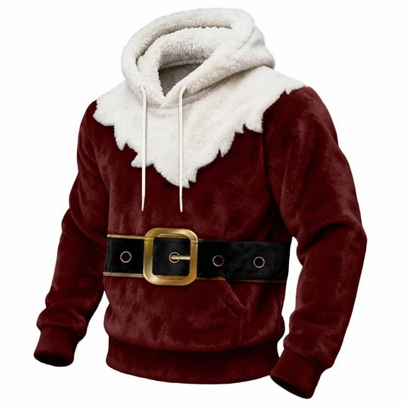 Christmas Clothes Mens Flannel Santa Claus Funny Hoodies Sweater Long Sleeve Pullover Hooded Sweatshirt (XL, Wine 01)
