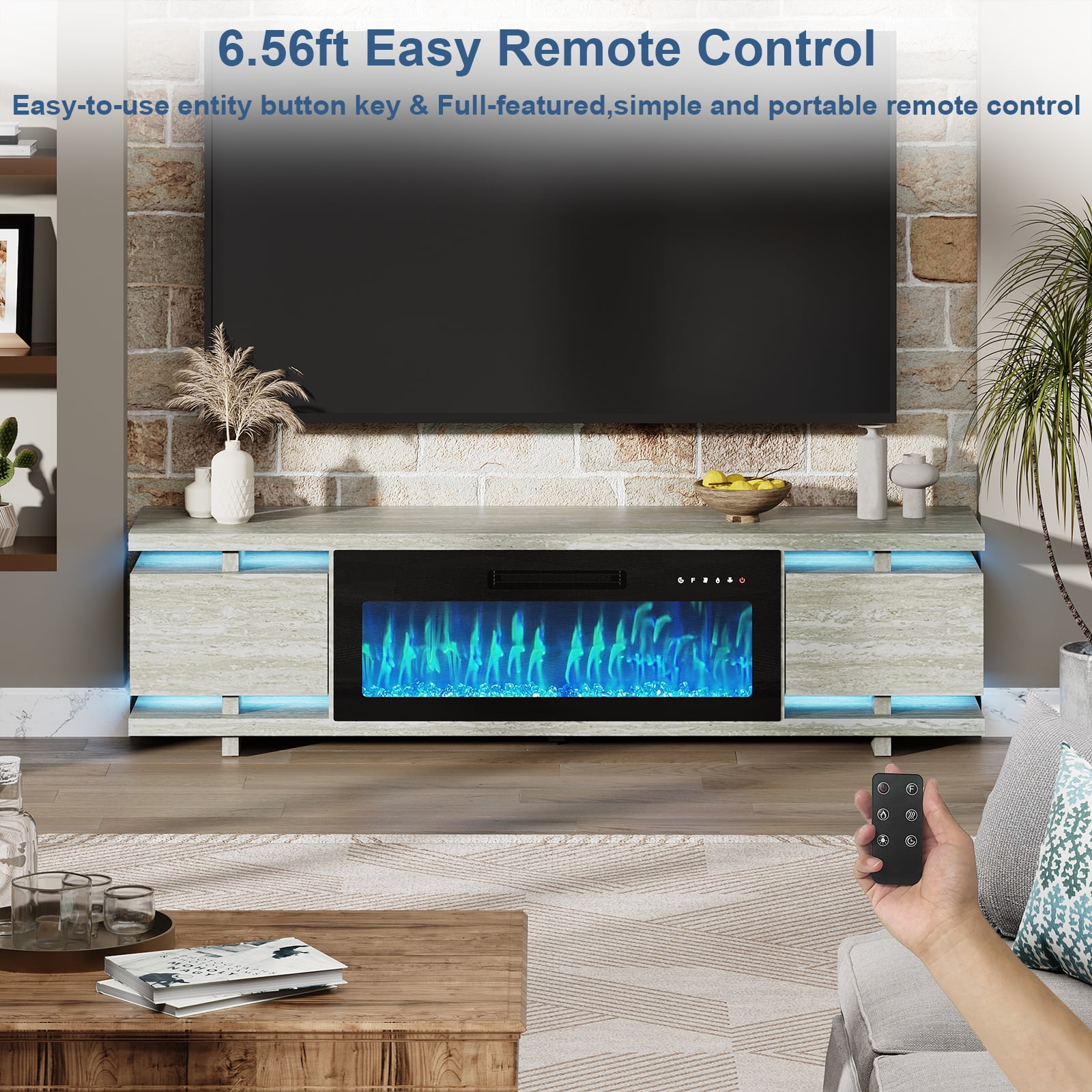 Redayfur 69" TV Stands with Electric Fireplace for TVs up to 80",Remote Control and LED Lights,Travertine