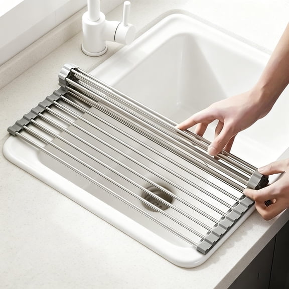 Multi-functional foldable sink rack -304 stainless steel roller shutter draining rack, food-grade silicone kitchen rack, suitable for tableware, fruits and cooling items