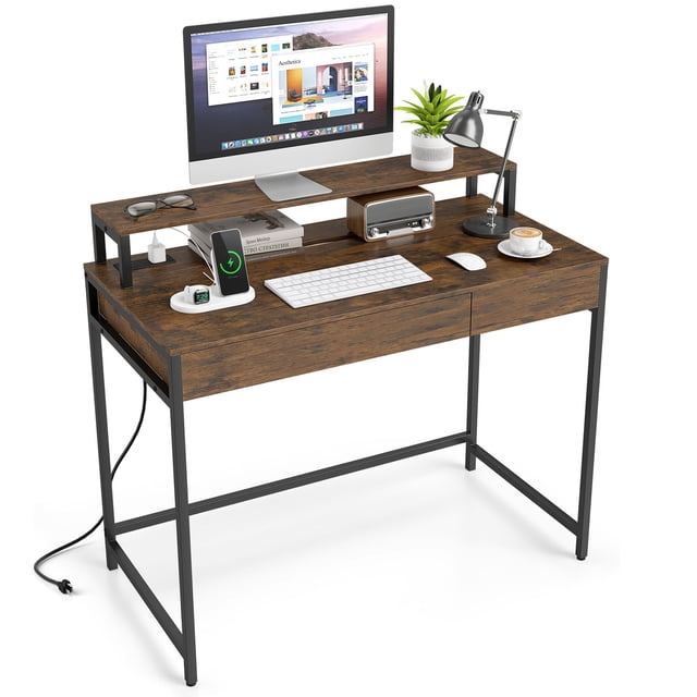 Costway Computer Desk with Power Outlets, Compact Office Desk with Removable Monitor Shelf Rustic Brown