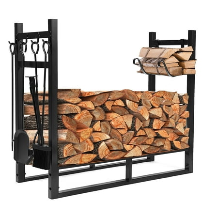 Kojem Steel Fire Wood Log Rack 34.25" for Indoor Outdoor Fire Pit Fireplace w/Kindling Holder Shovel Poker Tongs Brush Tool Set