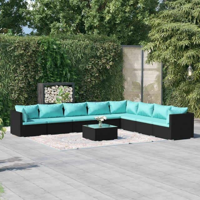 vidaXL 9 Piece Garden Lounge Set with Cushions Poly Rattan Black