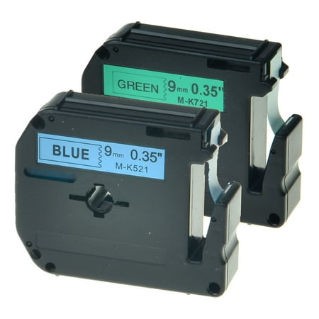 GREENCYCLE 2PK 9mm 8m Black on Blue/Green Label Tape for Brother MK M-K M MK521 MK721 P-touch