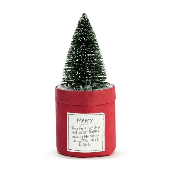 DEMDACO Merry Green and Red 7 Inch Acrylic Potted Artificial Snowy Holiday Tree Figurine