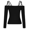 thumbnail image 4 of XFLWAM Women Spaghetti Straps Long Sleeve Ribbed Knit Top Off Shoulder V Neck Shirt Cold Shoulder Solid Color Slim Blouse Black 3XL, 4 of 6