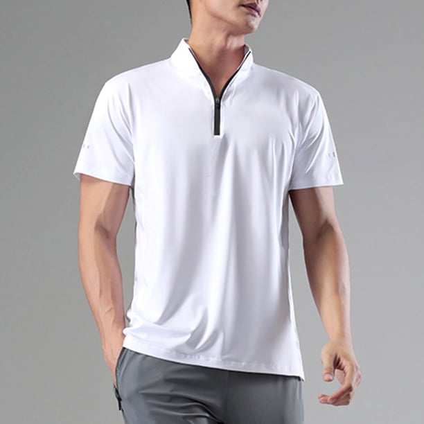 pstuiky camisetas para hombre, Camiseta deportiva de verano para hombre, de color liso, ajustada, con cremallera, de manga corta y cuello alto ropa de hombre l