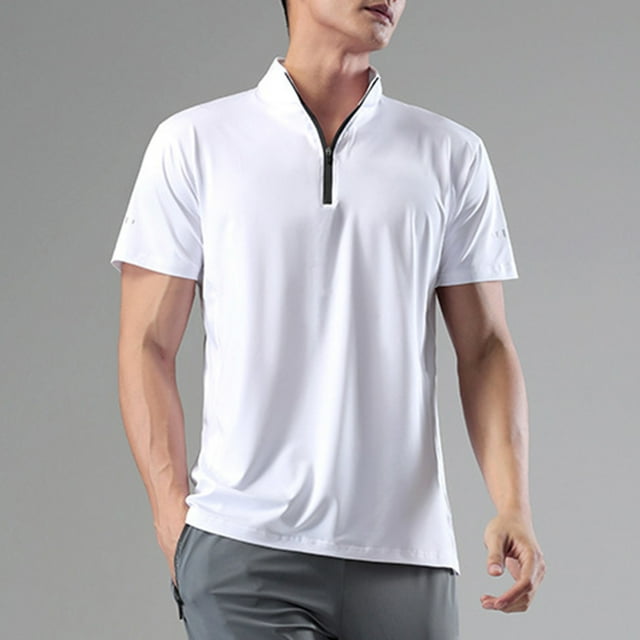 AherBiu Plus Size Mens Workout Shirts Short Sleeve Zip Stand Collar Running Athletic Pullover Quick Dry Regular Fitted Tee Tops