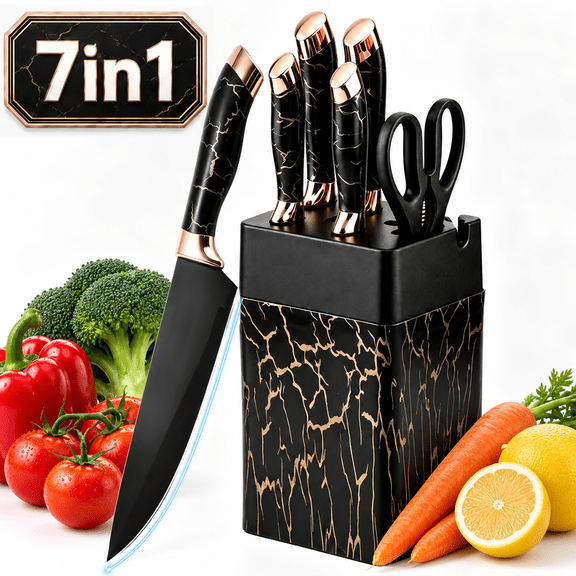 Knife Set, 7-Piece Kitchen Knife Set, Ultra Sharp German-Style Blades, Ergonomic Non-Slip Handle, Dishwasher Safe, Anti-Rust, Space-Saving Knife Block Holder