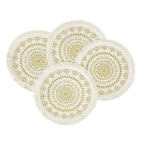 Fennco Styles Boho Mandala Fringe Decorative Cotton Placemats 13-inch Round, Set of 4 - Yellow Heat Resistant Insulation Table Mats for Home Decor, Dining Table, Banquets and Special Events