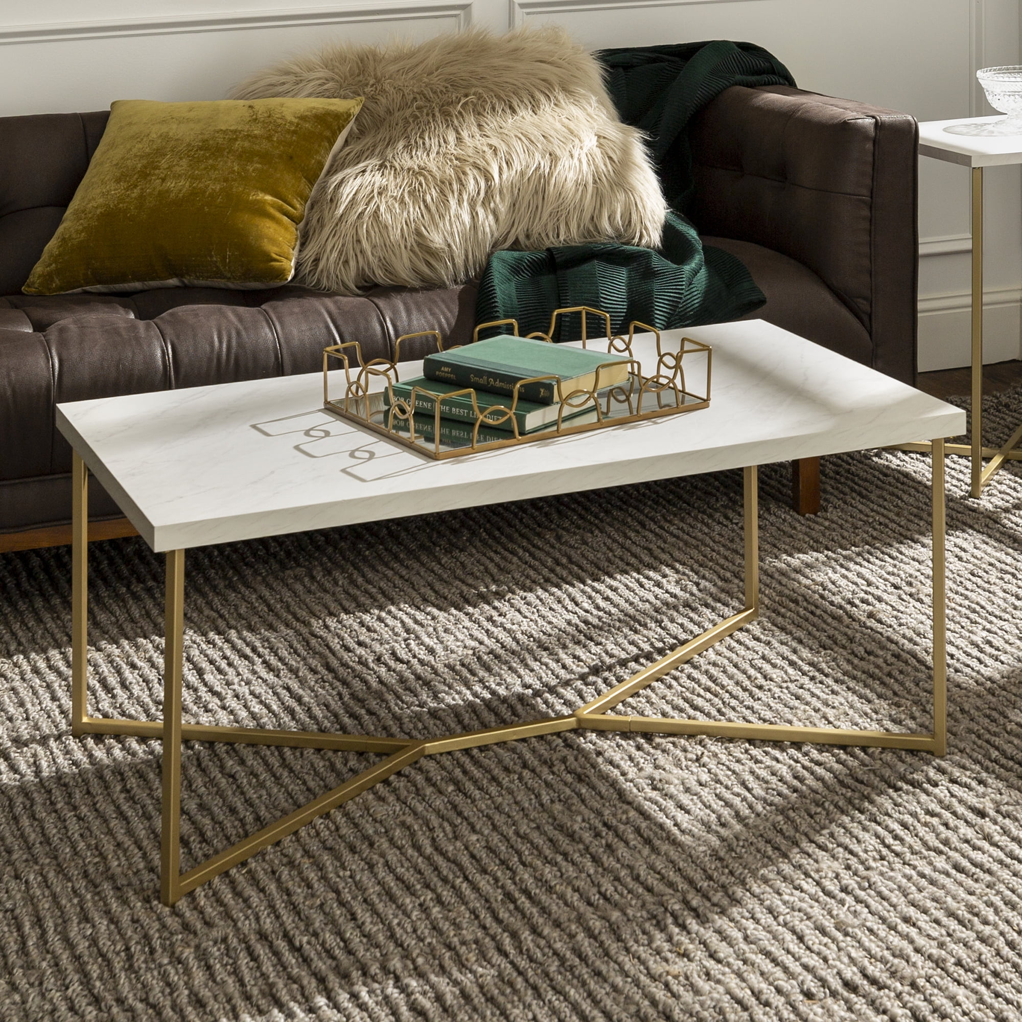 Diana YLeg White Faux Marble and Gold Coffee Table by Ember Interiors
