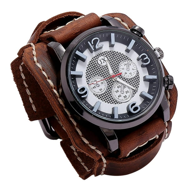 Punk Retro Reloj Correa ancha de cuero Vintage Hombres Marrón Hugo reloj de pulsera