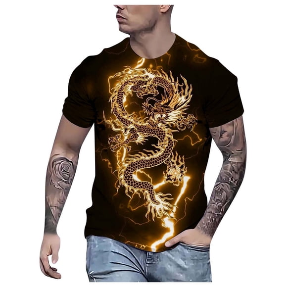 LUOGENLI T-shirts pour Homme pour Hommes T-Shirt d'Été Chinois Loong Imprimé à Manches Courtes T-Shirt T-shirts pour Homme T-Shirt Graphique Vêtements d'Été 4xlt T-shirts pour Hommes T-shirts Graphiques Vêtements d'Été Or TTG