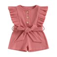 thumbnail image 1 of Toddler Baby Girl Clothes Rompers Ribbed Ruffle Sleeveless Button Belted Romper Short Jumpsuit Summer Outfit Brick Red 12-18 Months, 1 of 7