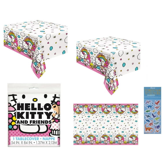 Hello Kitty Birthday Party Supplies Bundle includes 2 Plastic Table Cover 54" x 84" and 1 Dinosaur Sticker Sheet