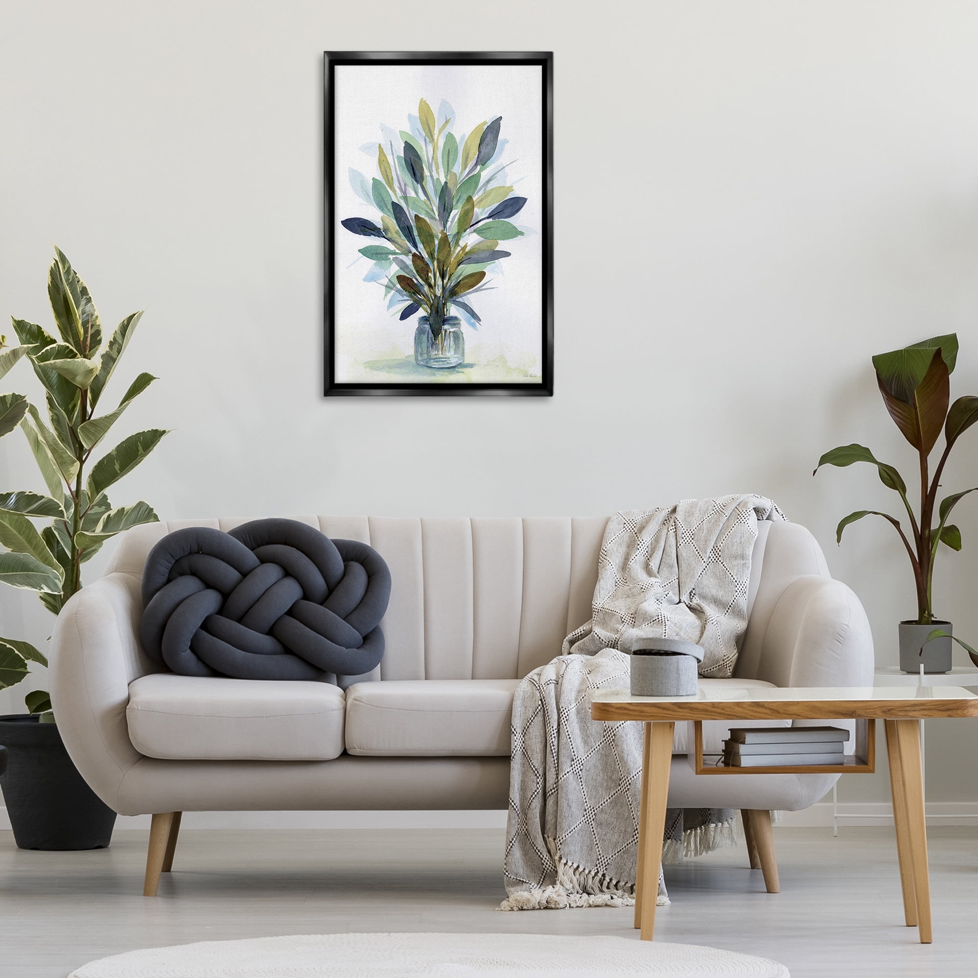 Stupell Industries Rustic Leaves Jar Botanical & Floral Painting Black Floater Framed Art Print Wall Art, 21 x 31