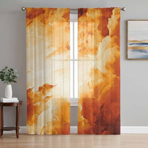 Burnt Orange Ombre Clouds Sheer Curtains 108 Inch Length 2 Panels Set, Modern Abstract Gradient Cloud Voile Window Treatment Semi Sheer Long Curtains Drapes for Bedroom/Living Room/Kitchen 52"x108"x2