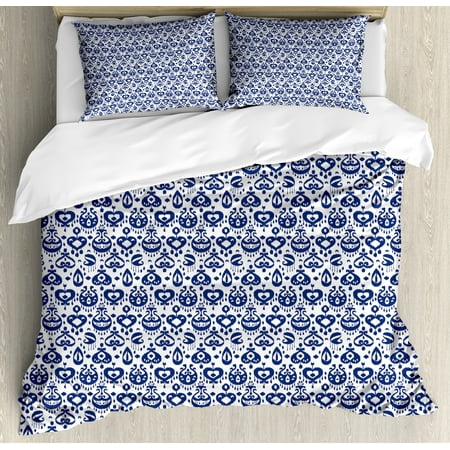 Navy Blue Duvet Cover Set Traditional Asian Ikat Pattern Artistic