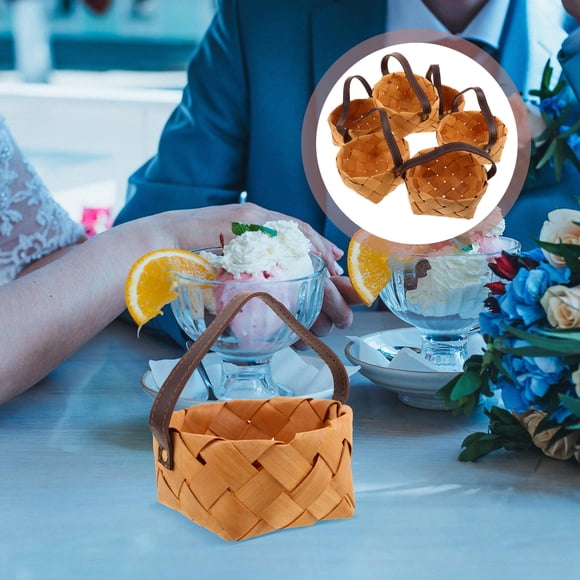 OULII 6pcs Woven Handle Basket Wooden Candy Holder for Wedding Basket Decor Elegant Design Light Yellow