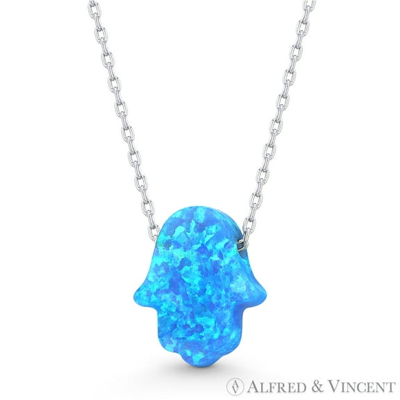 Lab-Created Opal 13x11mm Hamsa Hand Luck Charm Pendant & Chain Necklace in .925 Sterling Silver