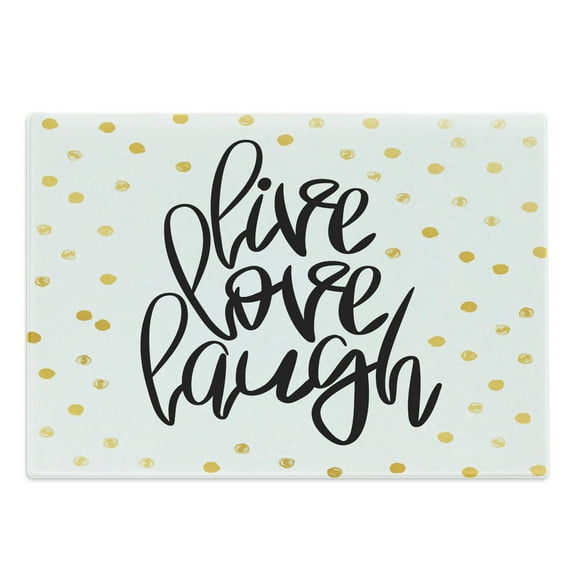 Live Laugh Love Cutting Board, Hand Lettering on Dotted Backdrop Inspirational Phrase, Decorative Tempered Glass Cutting and Serving Board, Large Size, Black White Yellow, by Ambesonne