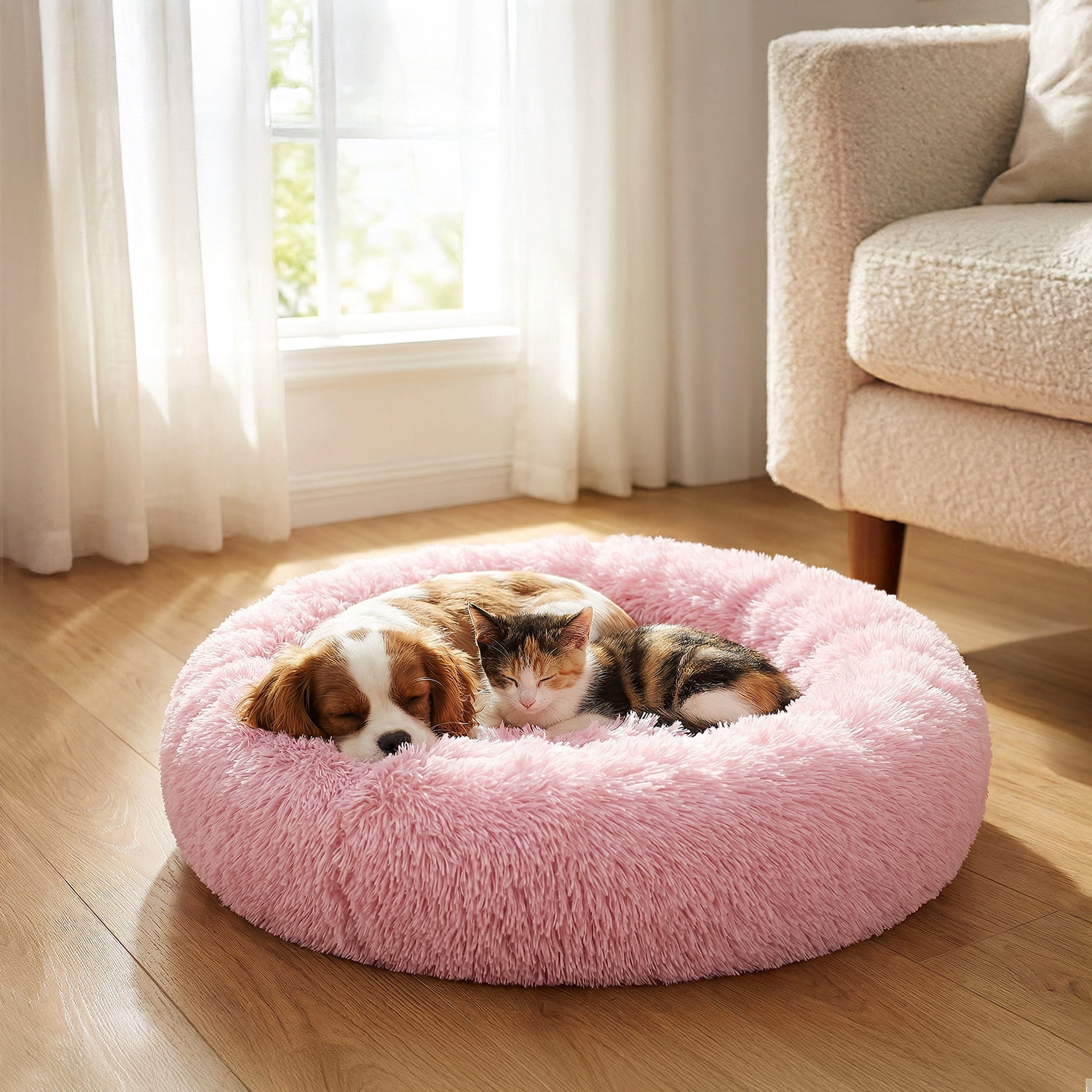 PetAmi Calming Dog Bed for Small & Medium Dogs and Cats, 23 Round Donut Dog Bed, Washable Fluffy Faux Fur Puppy & Cat Bed, Anti-Anxiety Plush Cuddler Pet Bed with Anti-Slip Bottom - Pink