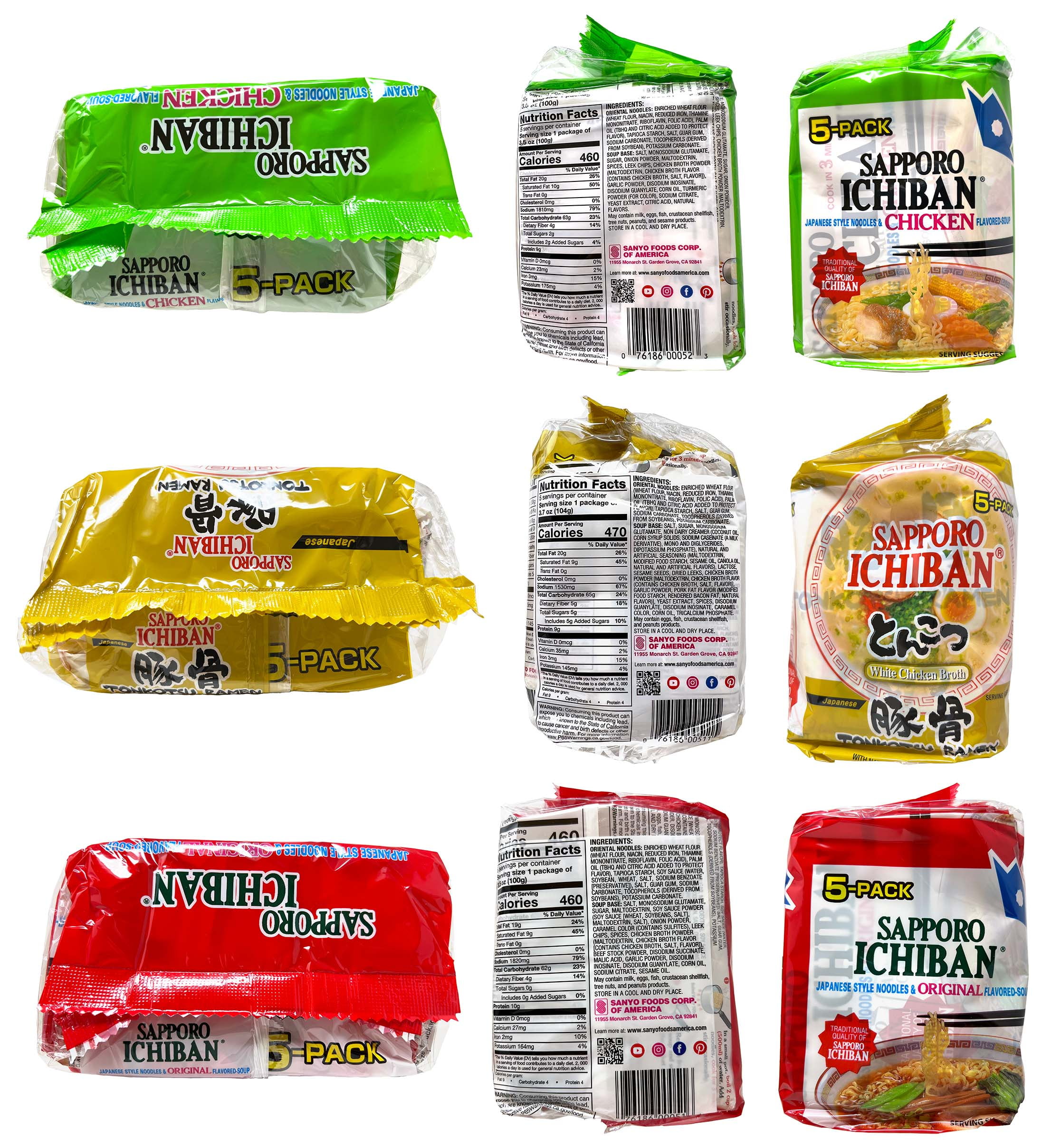 Instant Ramen Variety - 3 flavors - 5-pack of each: Chicken, Tonkotsu, Original (5-Pack) + MerlinsMart Zine | Sapporo Ichiban