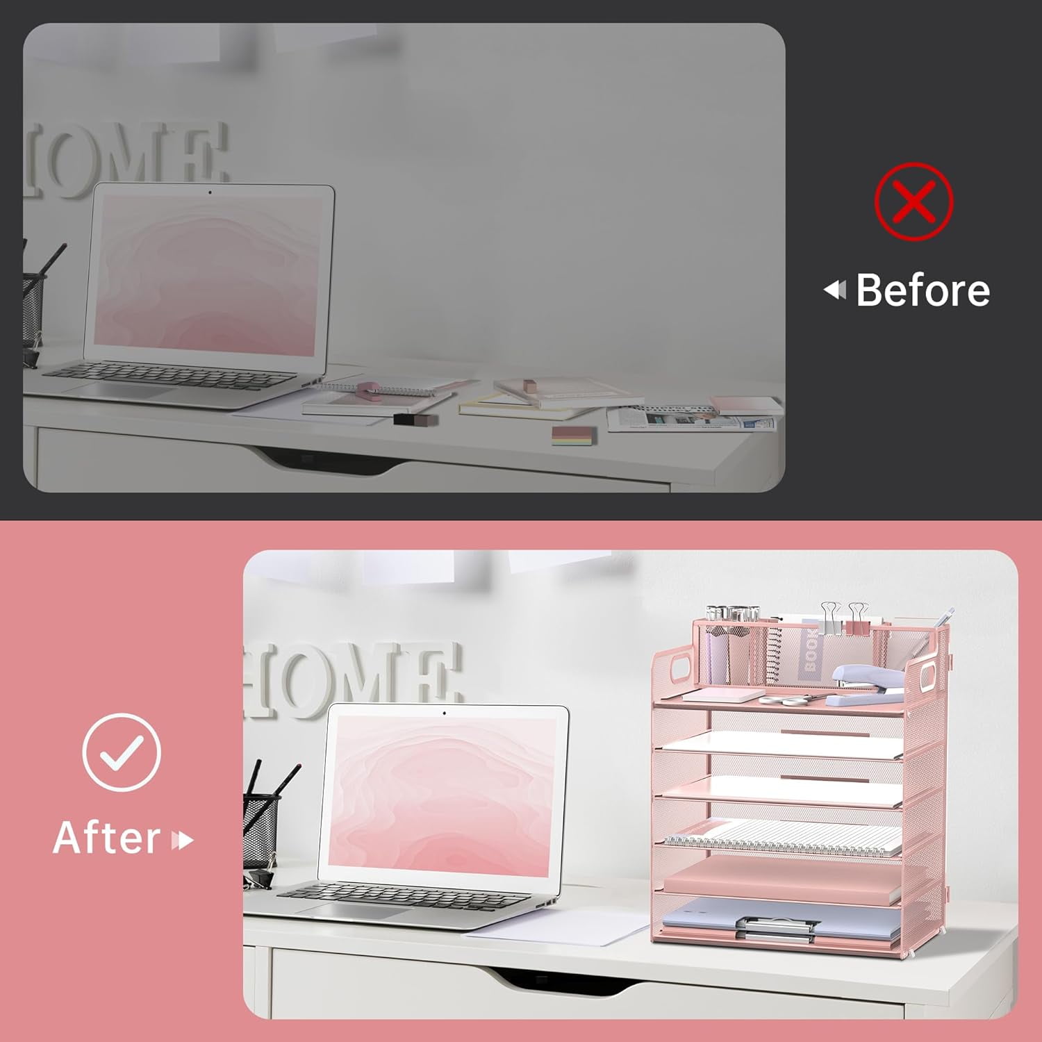 INTIGE 6-Tier Desk Organizer, Metal Desktop Paper Tray with 3 Pen Holders, Desktop Organizer for Home Office