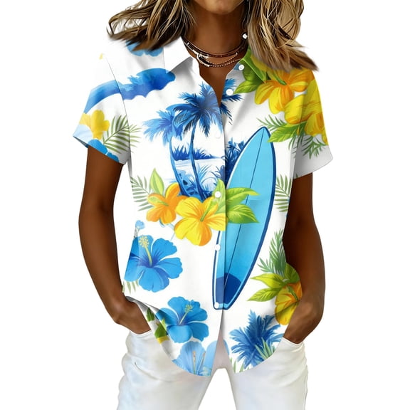 Sewkxo Hawaii Shirts for Women‘s Floral Printed Short Sleeves Lapel Collar Button Down Tropical Beach Shirt Big and Tall Baggy Fit Party Holiday Tees Shirts,Light Blue S