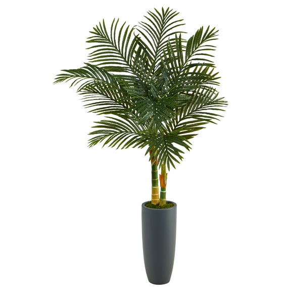 Nearly Natural 58" Golden Cane Artificial Palm Tree in Gray Planter