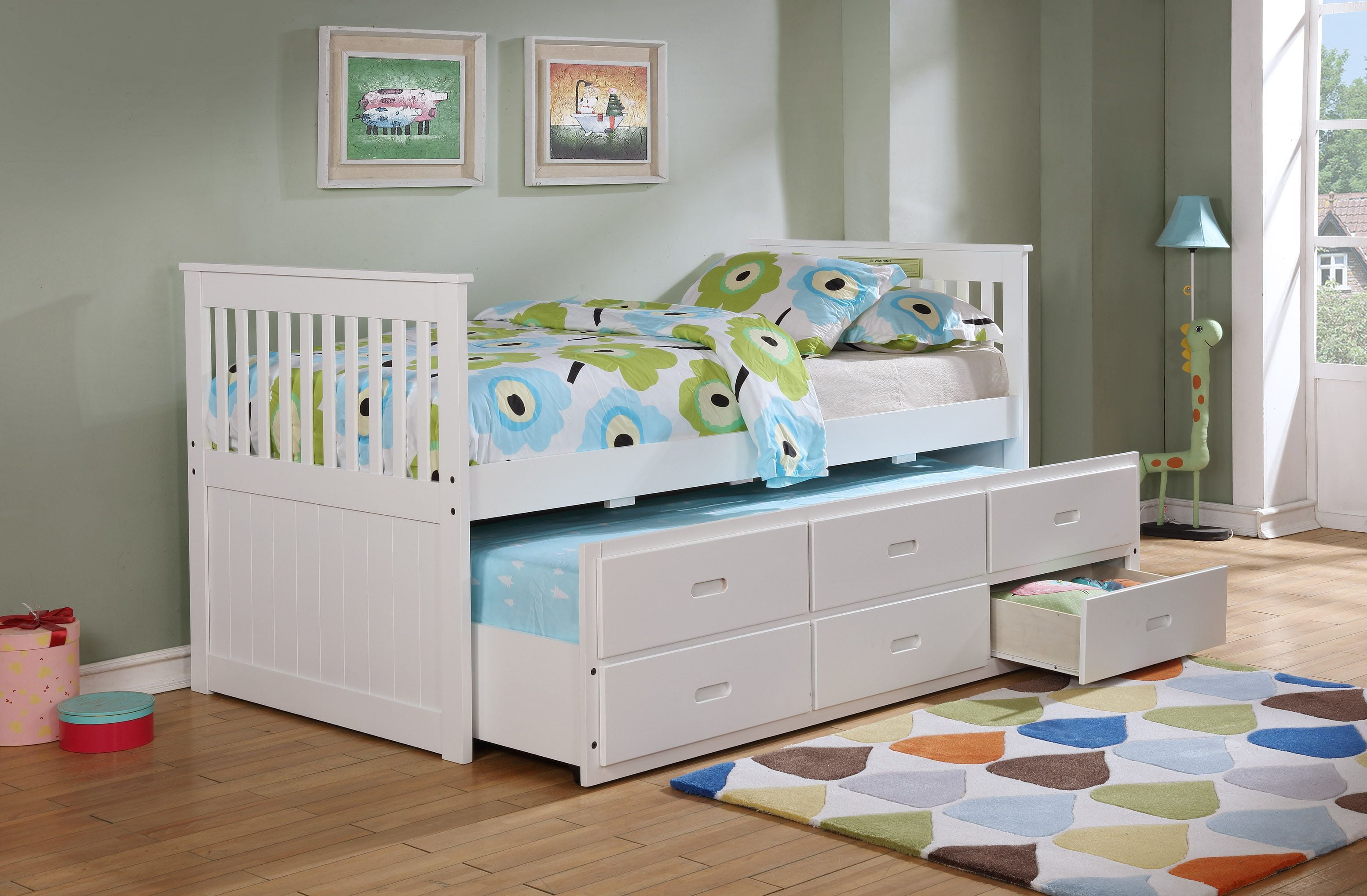 Phillips Twin Size Captain Bed with Trundle Bed & 3 Drawers, White ...