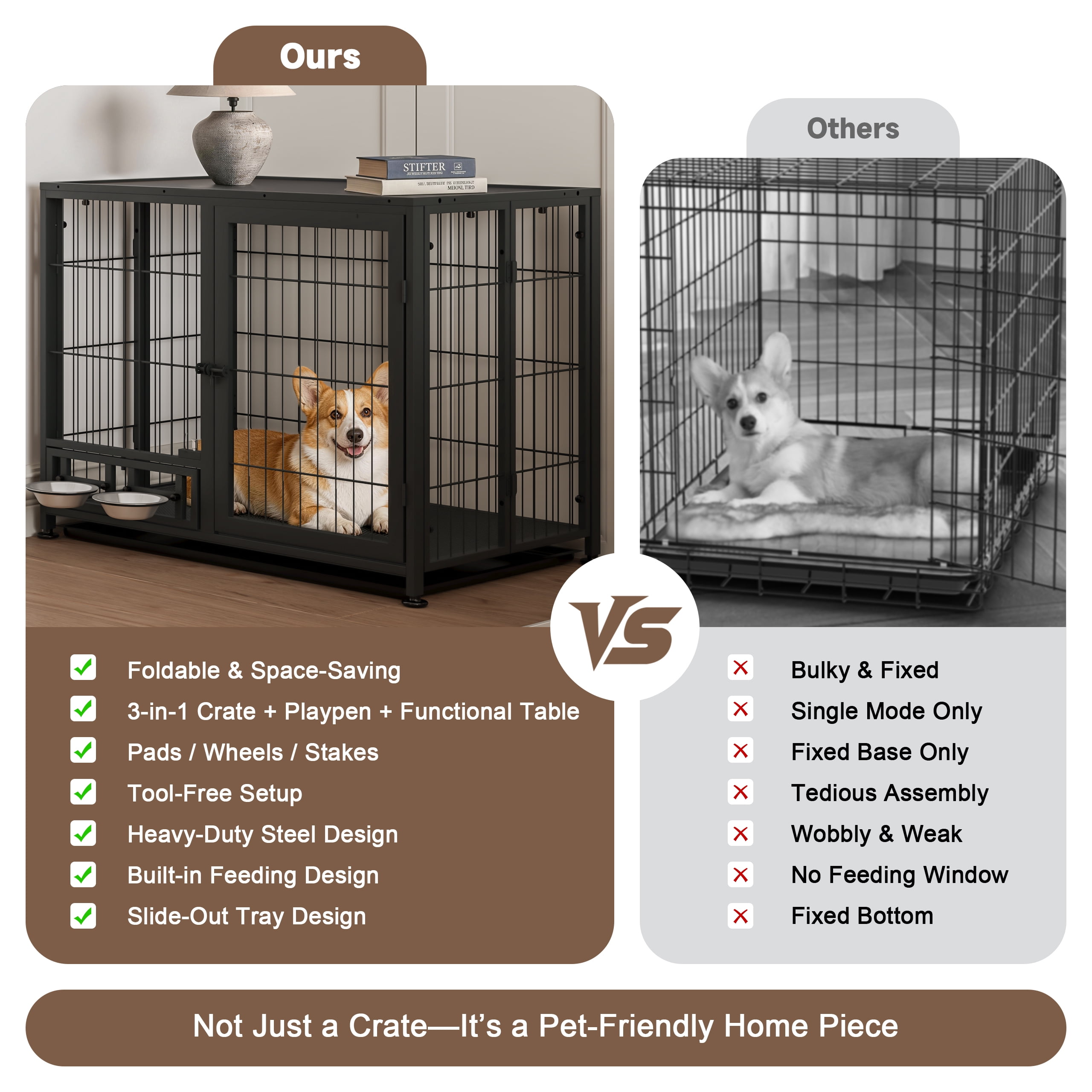Amoveo 37.8" Heavy Duty Dog Crate for Medium Dogs, 3-in-1 Collapsible Metal Kennel & Playpen with Lockable Wheels & Feeding Bowls, Indoor Outdoor,Black