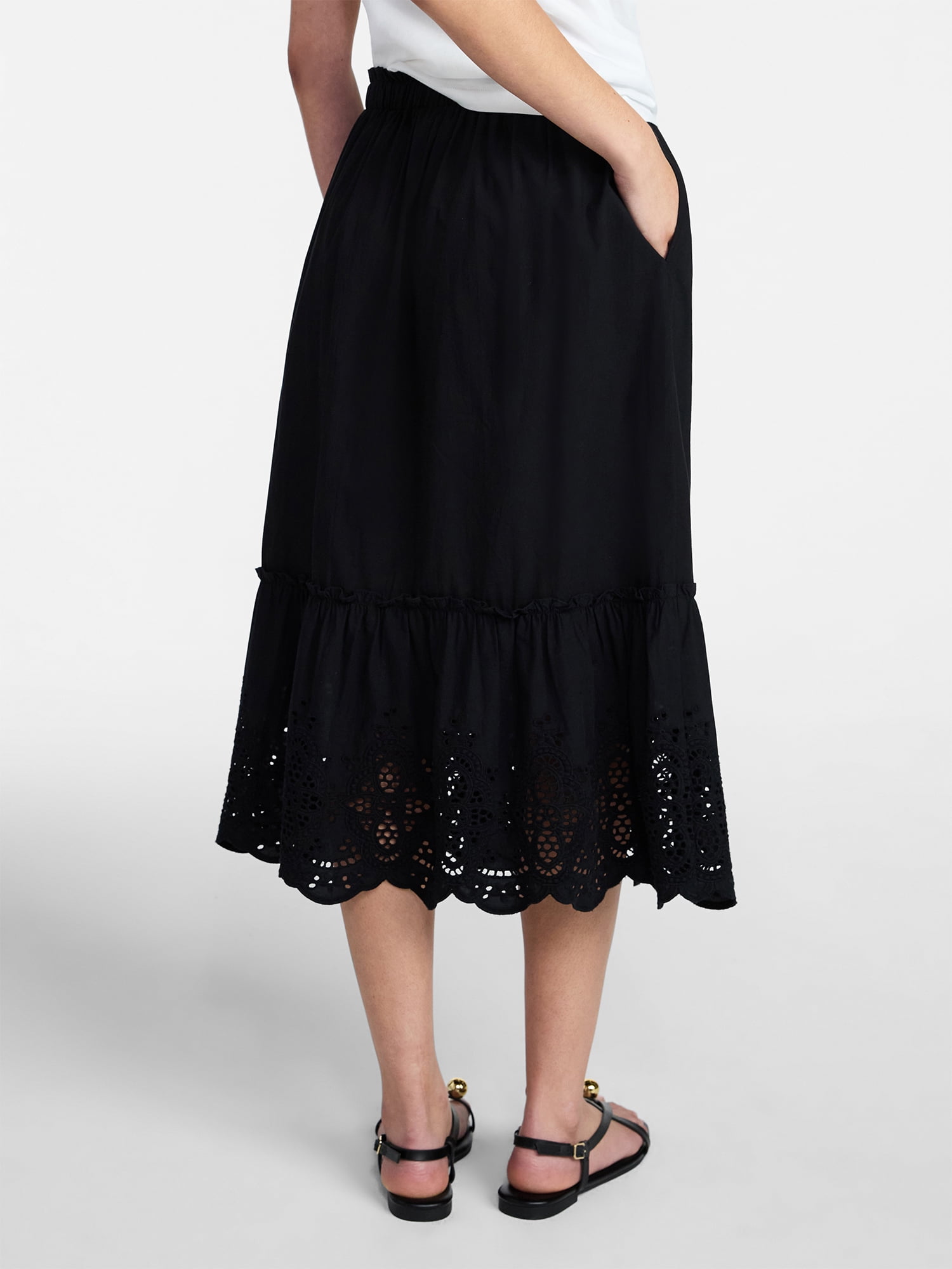 Time and Tru Women's Cotton Eyelet Hem Midi Skirt, Sizes XS-XXXL