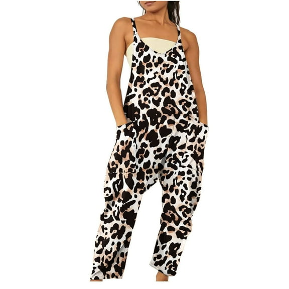 Wycnly Jumpsuits for Women Dressy Loose Wide Leg Spaghetti Strap Long Jumpsuits Overalls with Pocket Summer Sleeveless V-Neck Leopard Print Maxi Formal Rompers Khaki m